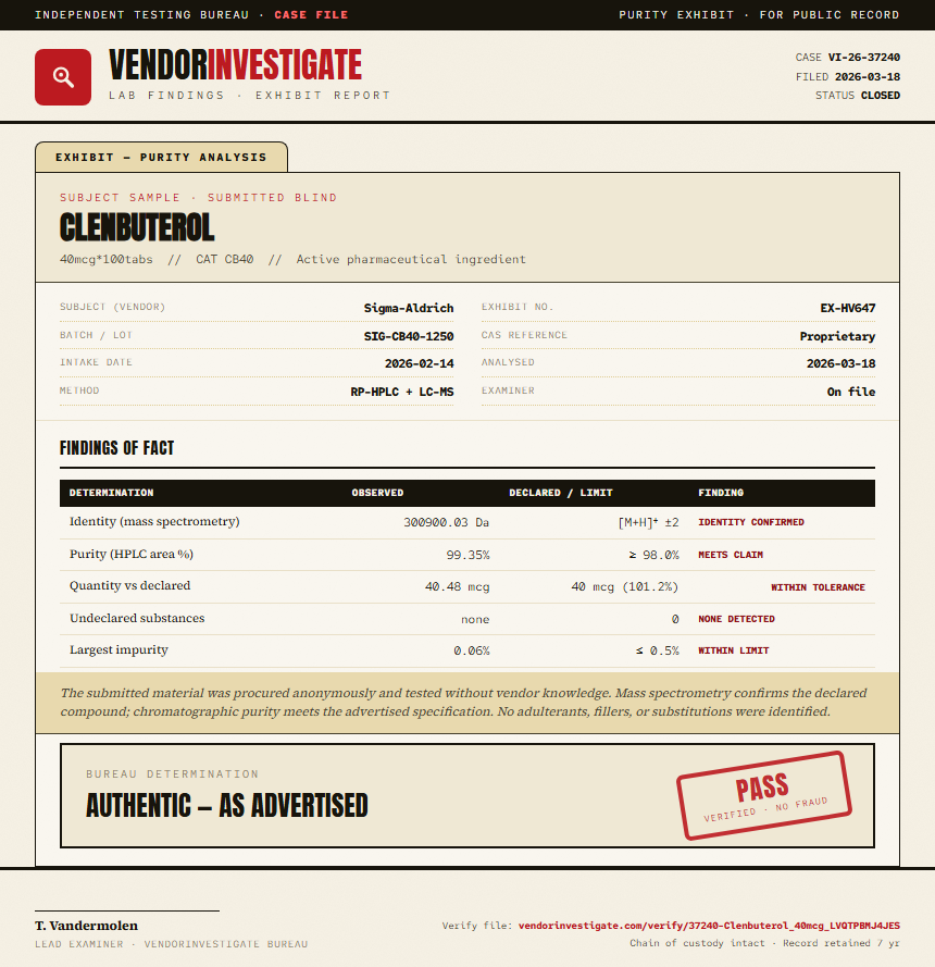 Clenbuterol Purity (HPLC) report by VendorInvestigate