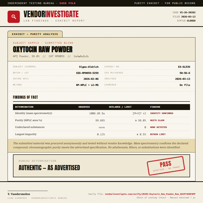 Oxytocin Raw Powder Purity (HPLC) report by VendorInvestigate